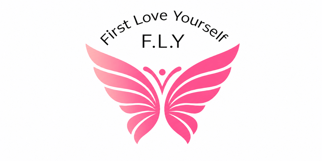 Logo featuring a pink butterfly and the text "First Love Yourself F.L.Y."