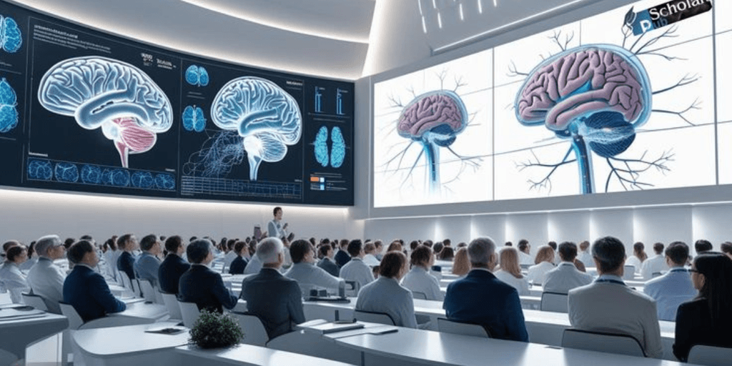 A lecture on brain anatomy with a large audience and digital displays of brain models