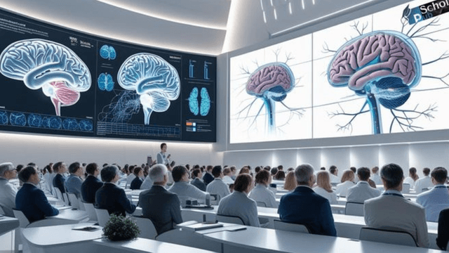 A lecture on brain anatomy with a large audience and digital displays of brain models