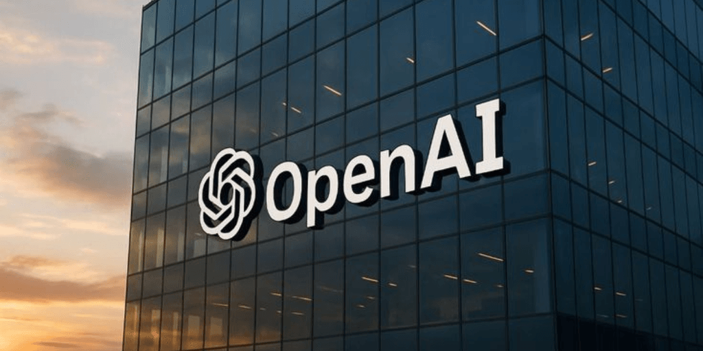 Exterior of OpenAI building featuring its logo illuminated on glass facade at sunset