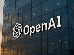 Exterior of OpenAI building featuring its logo illuminated on glass facade at sunset