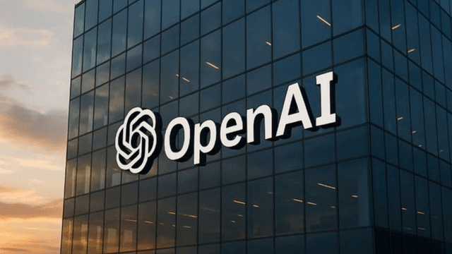 Exterior of OpenAI building featuring its logo illuminated on glass facade at sunset