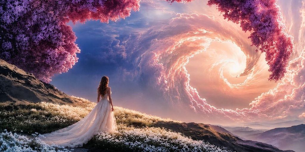 A woman in a flowing dress stands in a vibrant, surreal landscape with swirling clouds