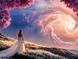 A woman in a flowing dress stands in a vibrant, surreal landscape with swirling clouds