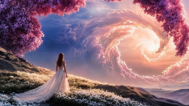 A woman in a flowing dress stands in a vibrant, surreal landscape with swirling clouds