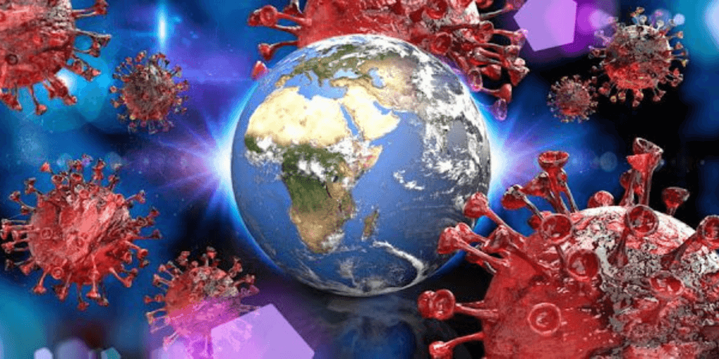 Illustration of Earth surrounded by virus molecules in a cosmic background
