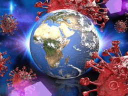Illustration of Earth surrounded by virus molecules in a cosmic background