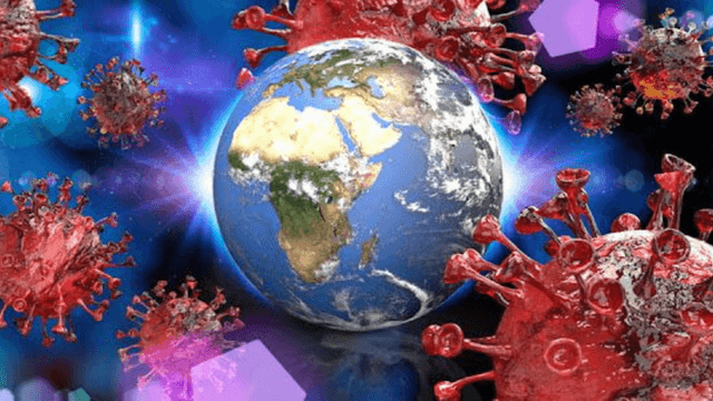 Illustration of Earth surrounded by virus molecules in a cosmic background