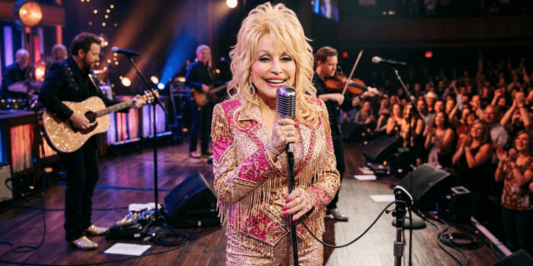 Dolly Parton performs on stage with musicians and a lively audience in the background