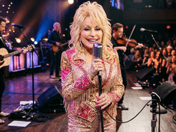 Dolly Parton performs on stage with musicians and a lively audience in the background