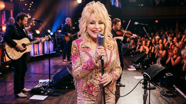 Dolly Parton performs on stage with musicians and a lively audience in the background
