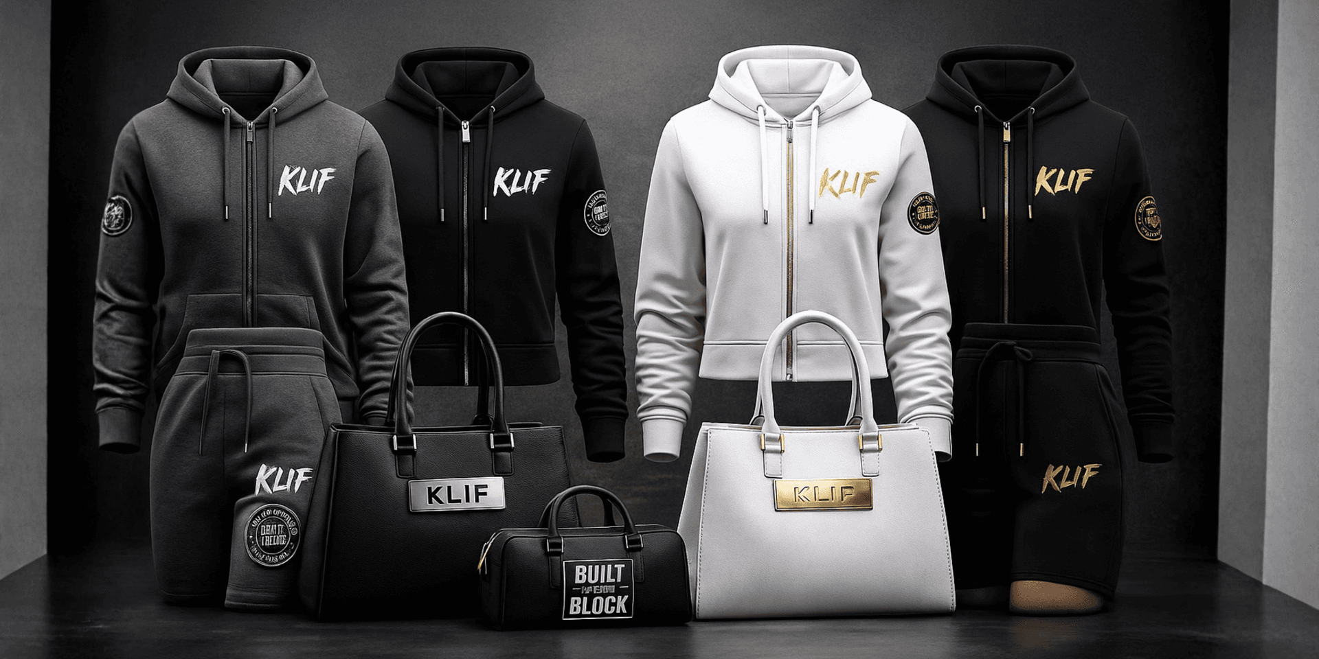 Variety of hoodies and bags displayed in black, white, and gray colors