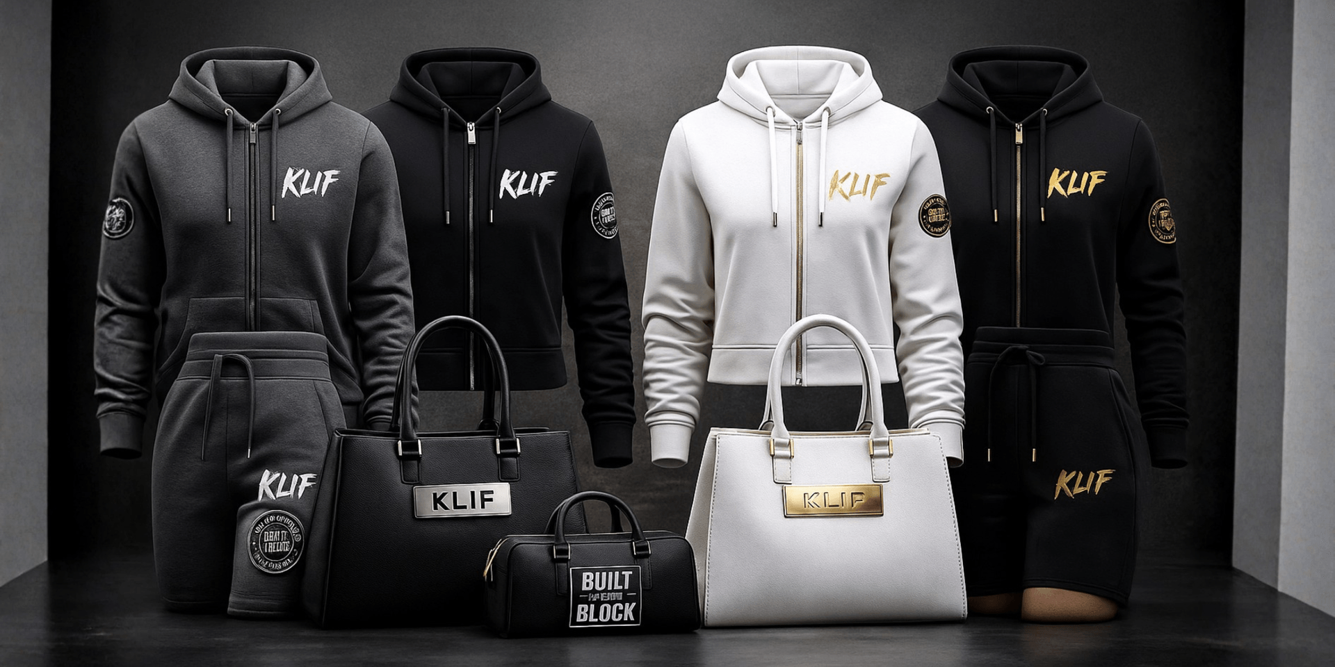 Variety of hoodies and bags displayed in black, white, and gray colors