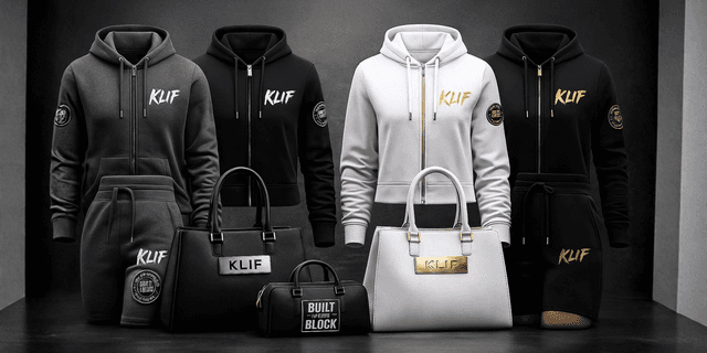 Variety of hoodies and bags displayed in black, white, and gray colors