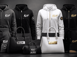 Variety of hoodies and bags displayed in black, white, and gray colors
