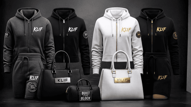 Variety of hoodies and bags displayed in black, white, and gray colors