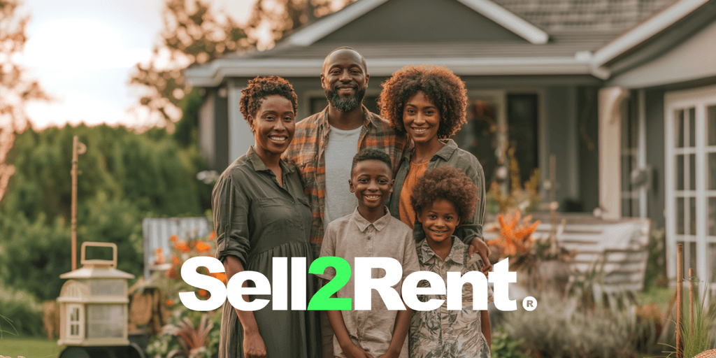 A smiling family stands together in front of their home with lush greenery around.