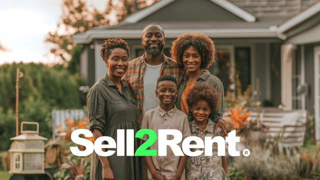 A smiling family stands together in front of their home with lush greenery around.