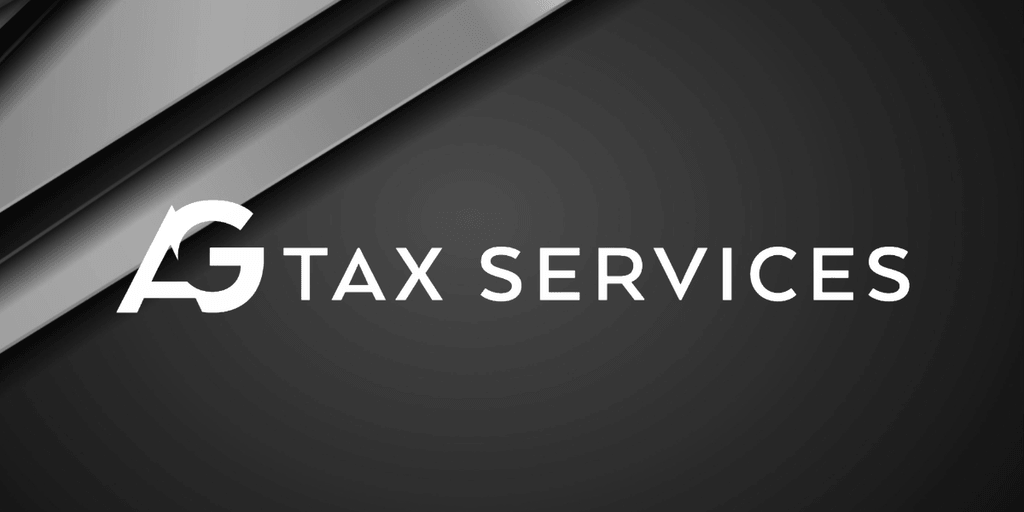 Logo of G Tax Services on a dark background with geometric design elements