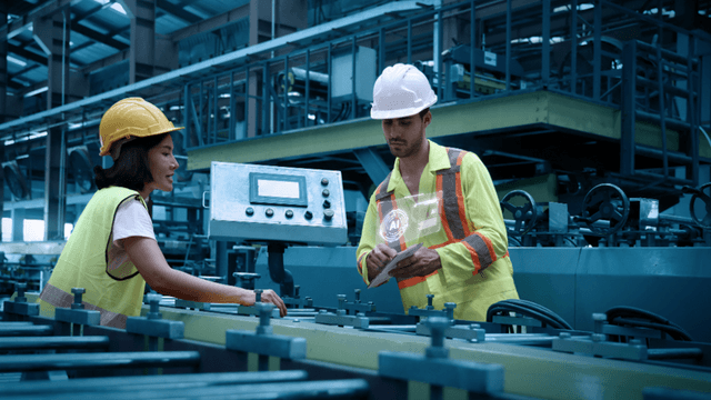 Two workers in a factory discussing plans near machinery and control panels