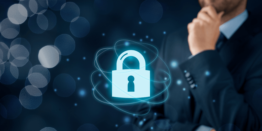A businessman contemplating cybersecurity with a digital lock symbol on a blue background