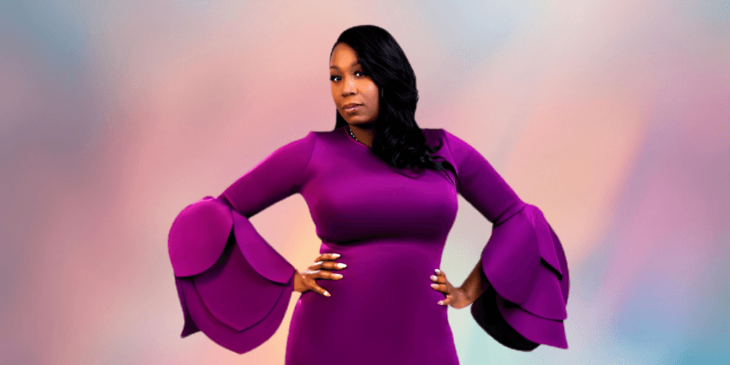 Woman in a purple dress with dramatic bell sleeves posing confidently against a soft background