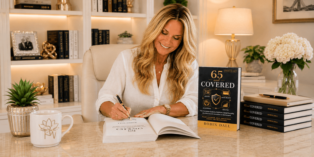 Woman signing a book at a desk with books and a plant nearby