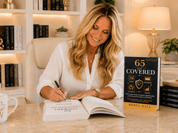 Woman signing a book at a desk with books and a plant nearby
