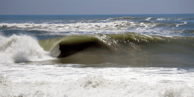 A powerful ocean wave curls dramatically under a bright blue sky