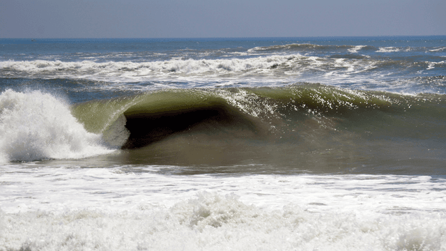A powerful ocean wave curls dramatically under a bright blue sky