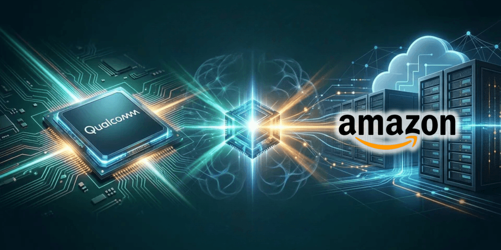 Illustration depicting collaboration between Qualcomm and Amazon in technology and cloud computing