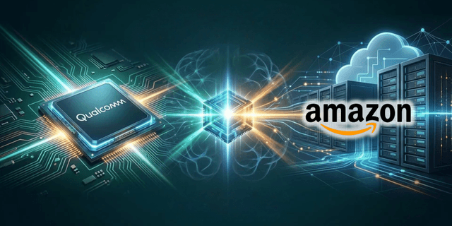 Illustration depicting collaboration between Qualcomm and Amazon in technology and cloud computing