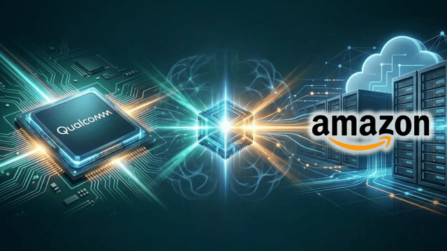 Illustration depicting collaboration between Qualcomm and Amazon in technology and cloud computing