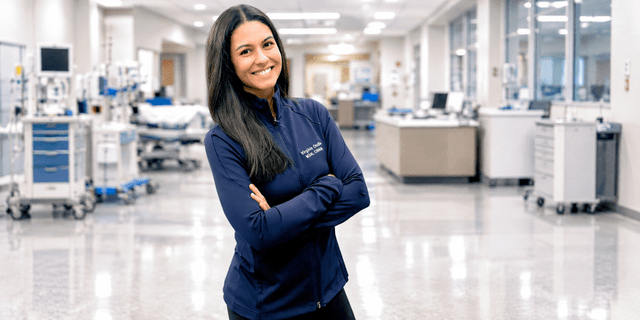 A smiling woman in a medical facility wearing a navy jacket with crossed arms