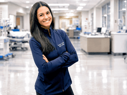 A smiling woman in a medical facility wearing a navy jacket with crossed arms