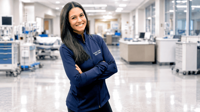 A smiling woman in a medical facility wearing a navy jacket with crossed arms