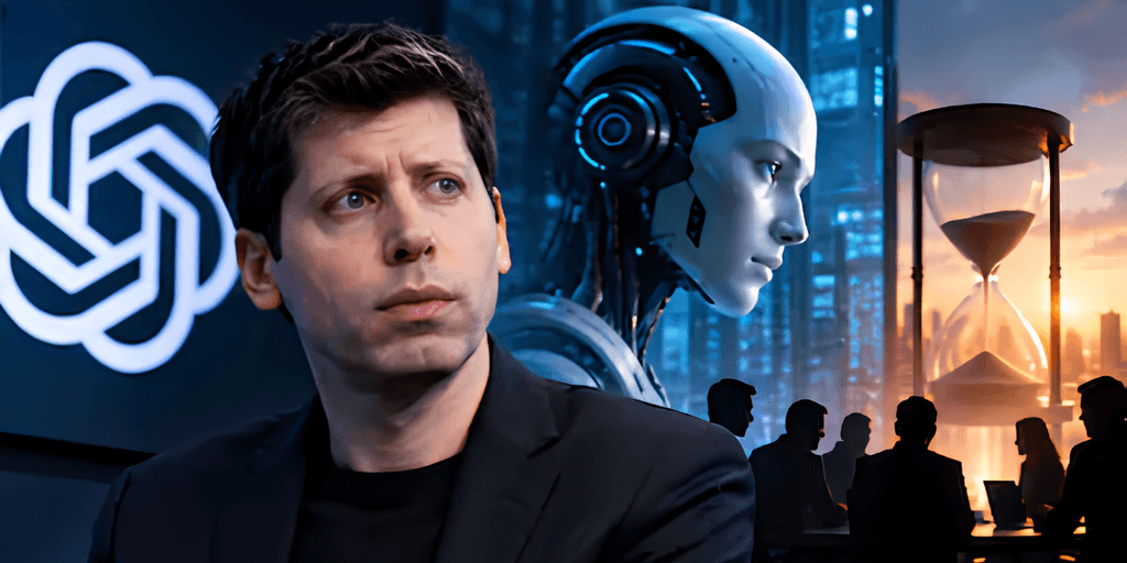 Person in front of a logo with a robot and silhouettes in a cityscape background