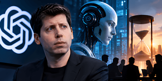 Person in front of a logo with a robot and silhouettes in a cityscape background