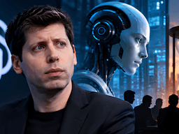 Person in front of a logo with a robot and silhouettes in a cityscape background