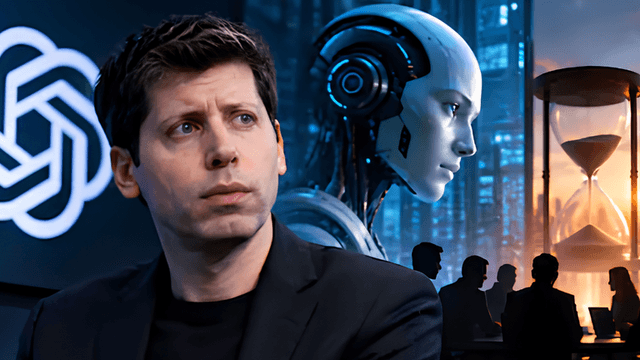Person in front of a logo with a robot and silhouettes in a cityscape background