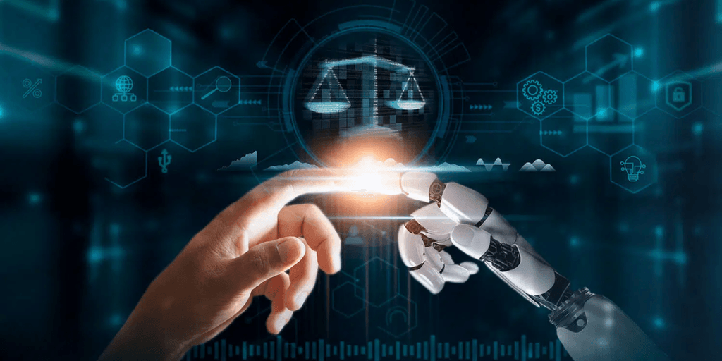 A human hand reaching out to touch a robotic hand, symbolizing technology and justice.