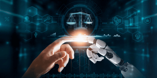 A human hand reaching out to touch a robotic hand, symbolizing technology and justice.