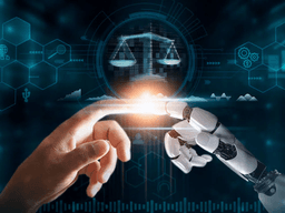 A human hand reaching out to touch a robotic hand, symbolizing technology and justice.