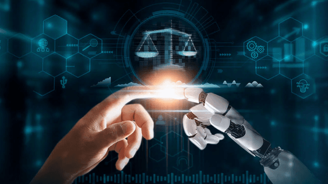 A human hand reaching out to touch a robotic hand, symbolizing technology and justice.