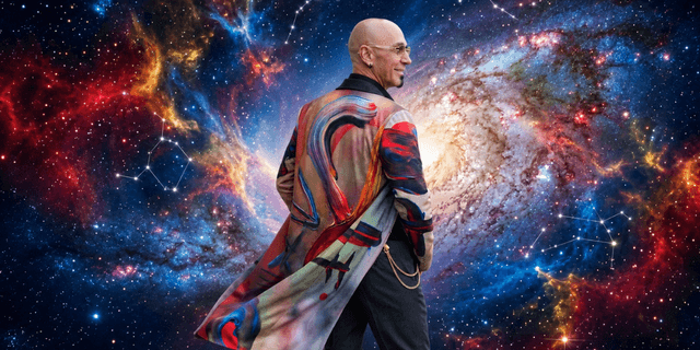 Person in a vibrant coat stands against a colorful cosmic background.