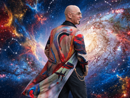 Person in a vibrant coat stands against a colorful cosmic background.