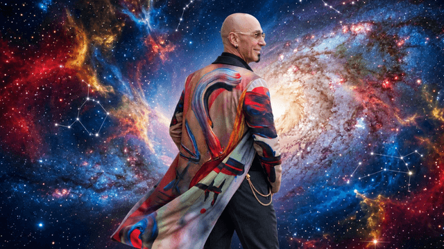 Person in a vibrant coat stands against a colorful cosmic background.