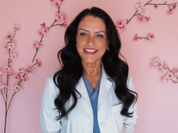 Smiling woman in a white coat stands against a pink floral background