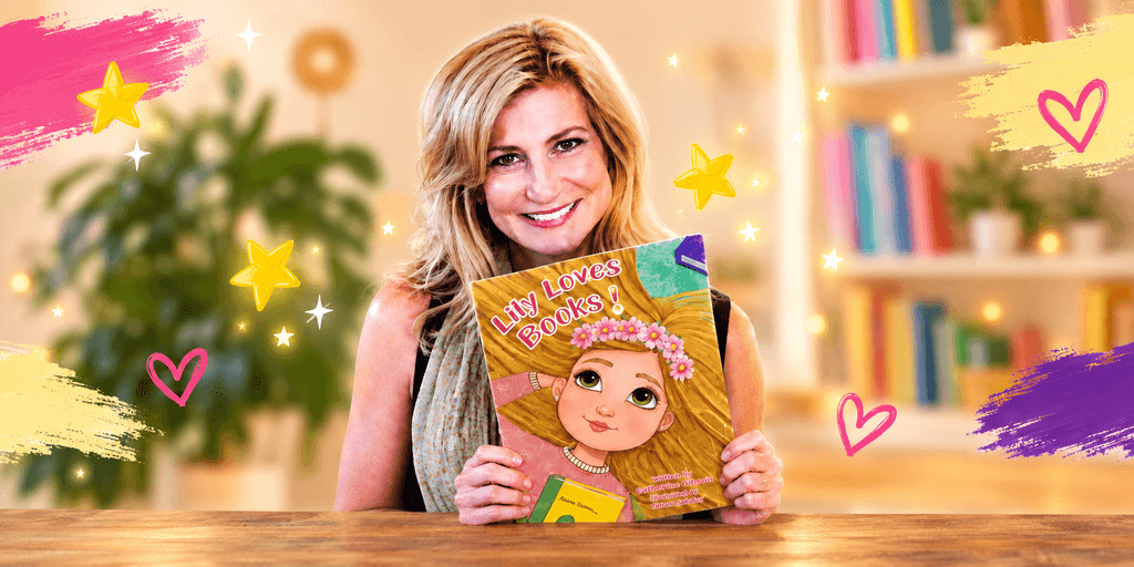 Woman holding a children's book titled "Lily Loves Books" in a bright setting