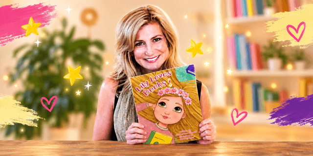 Woman holding a children's book titled "Lily Loves Books" in a bright setting